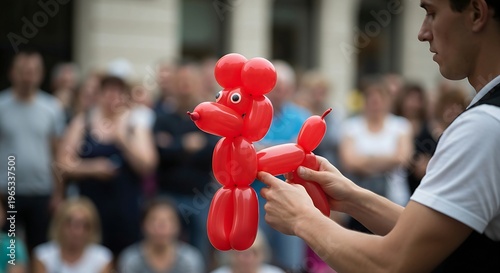 Hands of a street performer rapidly assembling a classic red balloon poodle, blurred crowd in the background, high-shutter speed capturing the tension of the latex.
