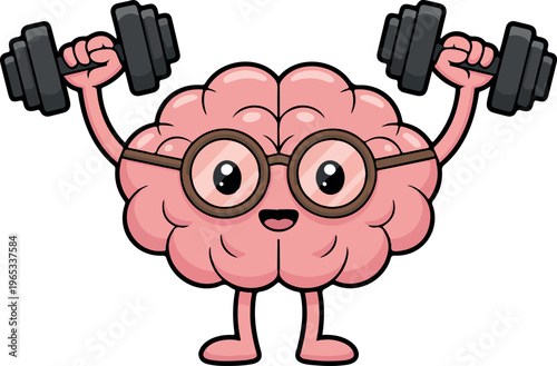 Funny cartoon brain lifting dumbbells, cute fitness mascot character, mental strength concept, gym workout exercise, healthy mind vector illustration
