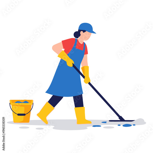 Hardworking professional cleaner meticulously mops wet floors, ensuring spotless hygiene standards