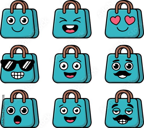 Vector set of cute happy shopping bags, smiling retail package characters, funny store sale mascots, consumer purchase concept illustration