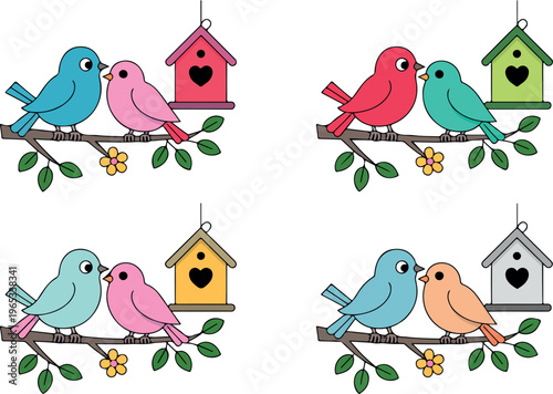 Cute couple of birds sitting together, romantic love concept, sweet animal pair characters, nature wildlife cartoon vector illustration