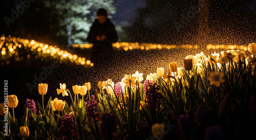 Night Illumination of Spring Flowers with Glowing Tulips and Water Spray in an Enchanting Garden Display