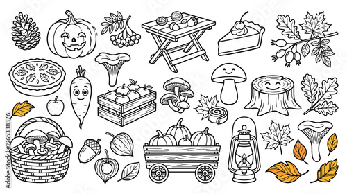 Autumn harvest line art collection with various fruits, vegetables, and mushrooms.