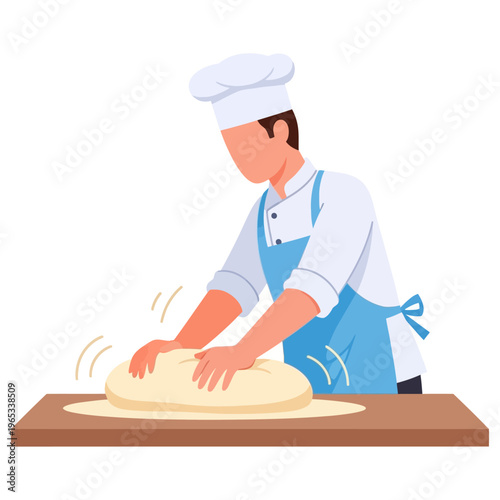 Skilled Professional Baker Kneading Fresh Dough on Wooden Board for Artisanal Bread Preparation