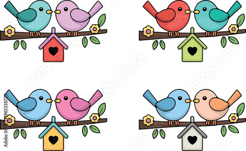Cute couple of birds sitting together, romantic love concept, sweet animal pair characters, nature wildlife cartoon vector illustration