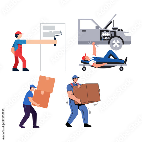 Diverse manual labor and essential service job roles depicted in a modern flat illustration style