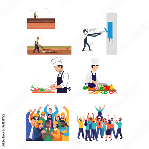 Diverse Professional Roles Illustrative Scenes of People Working, Collaborating, and Celebrating Success