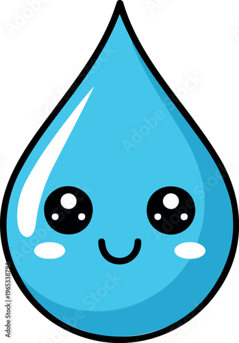 Cute blue water drop character, smiling liquid mascot, funny aqua droplet cartoon, hydration concept, clean fresh vector illustration