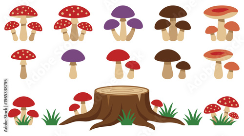Assortment of cartoon mushrooms and tree stump with green grass.