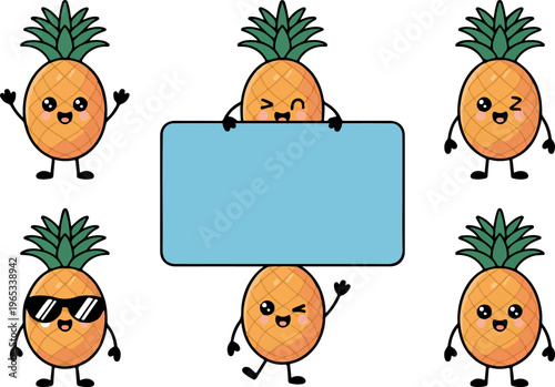 Cute happy cartoon pineapple character, funny tropical fruit mascot, smiling summer food icon, playful healthy snack vector illustration