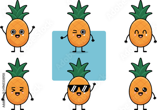 Cute happy cartoon pineapple character, funny tropical fruit mascot, smiling summer food icon, playful healthy snack vector illustration