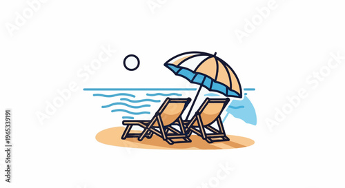 Two lounge chairs and an umbrella sit on a sandy beach by the ocean