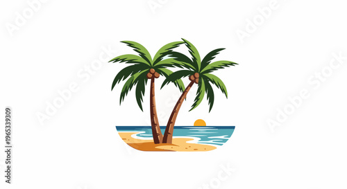 Two palm trees stand on a sandy beach beside a tranquil blue ocean at sunset