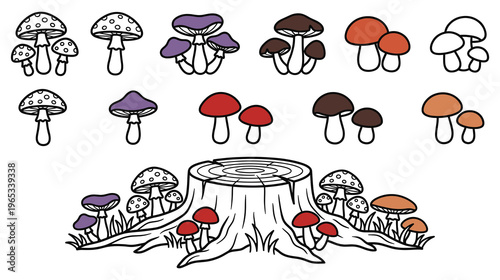 Assortment of line art mushrooms and tree stump with green grass.