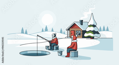 Two people ice fishing near a cozy cabin in a snowy landscape
