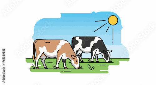 Two cows grazing in a green field under a sunny blue sky