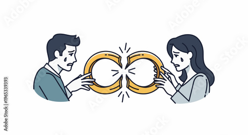 Two crying figures hold broken infinity symbol