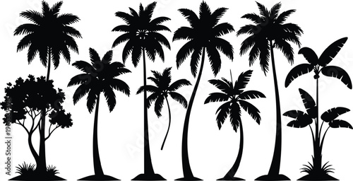 Silhouettes of palm trees standing in a row against a plain background
