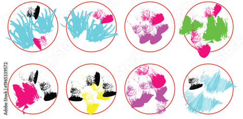 Vibrant colorful brush strokes in red circles on white background