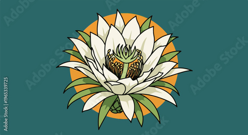 Stylized white cactus flower blooming within an orange sun disc