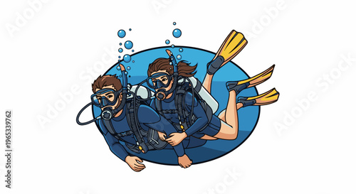Two cartoon divers in blue wetsuits with yellow fins underwater