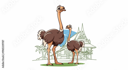 Two cartoon ostriches stand in front of a tropical building with palm trees
