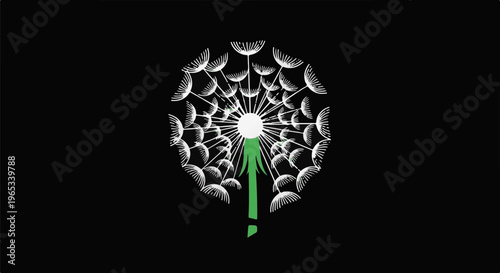 Stylized white dandelion with green stem on black