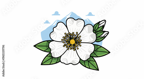 Stylized white flower with green leaves and buds against a mountain backdrop