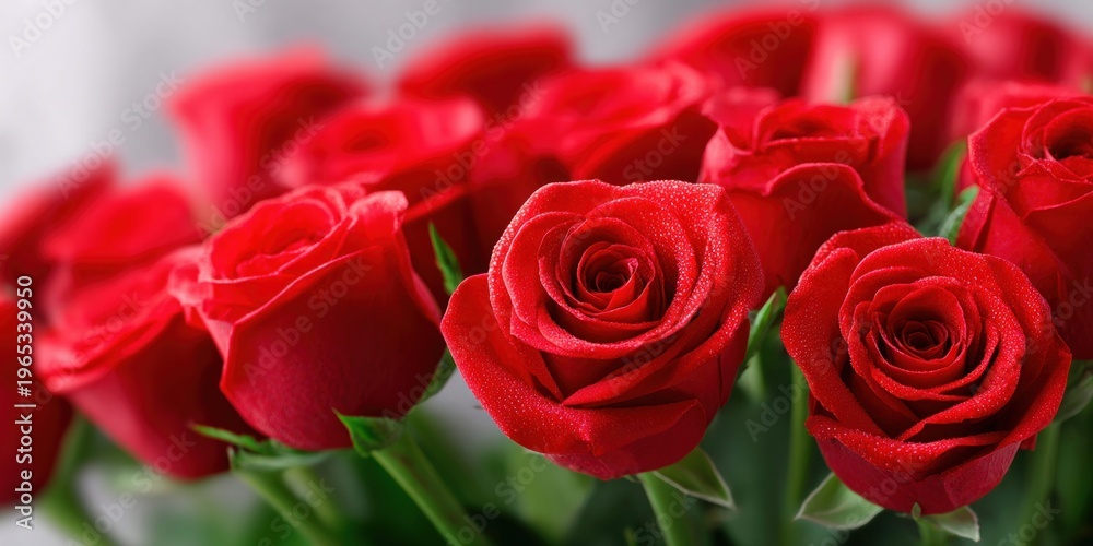 Obraz premium Close-up of a lush bouquet of vibrant red roses with dew drops, symbolizing love and romance