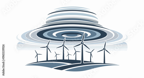 Stylized wind turbines on rolling hills under a swirling blue and grey sky