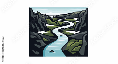 Stylized, winding river flowing through a rugged, mountainous landscape