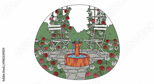 Two chairs face a fountain in a rose garden