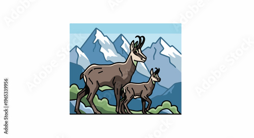 Two chamois, one adult and one young, stand on a grassy hill with snow-capped mountains behind