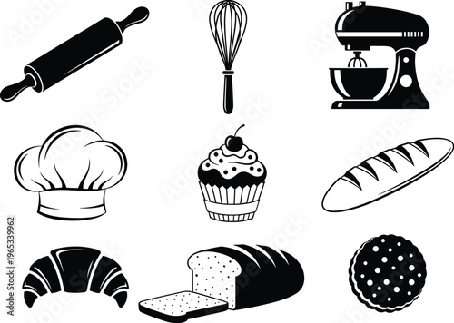 Baking tools and bakery items collection with bread cupcake whisk and mixer black silhouette vector illustration set