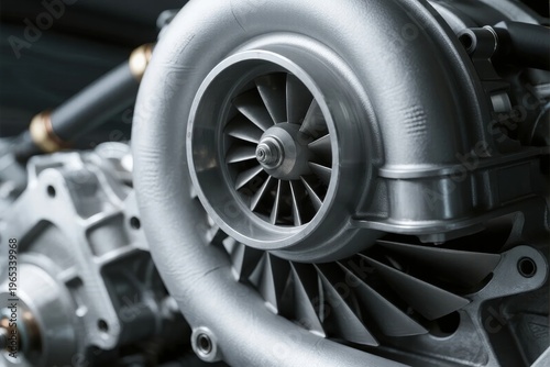 Close-up view of a metallic turbocharger with visible turbine blades and housing components