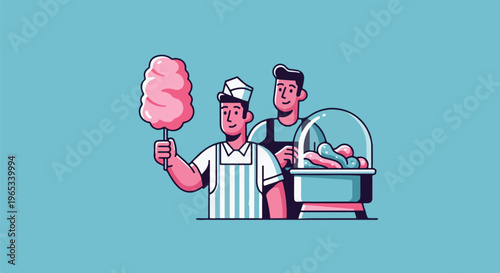 Two cheerful vendors proudly display fluffy pink cotton candy from a cart