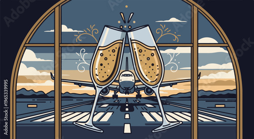 Two champagne glasses clink before an airplane on the tarmac