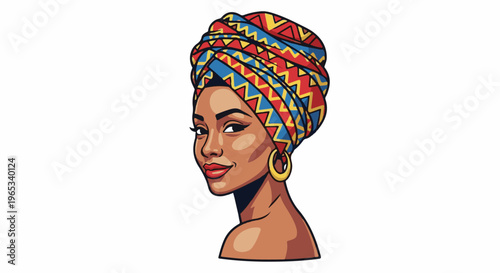 Stylized woman with colorful headwrap and large hoop earrings