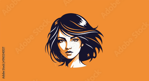 Stylized portrait of a woman with dark, windswept hair against an orange background