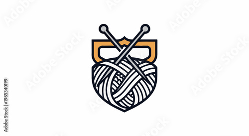 Stylized yarn ball and needles form a crest