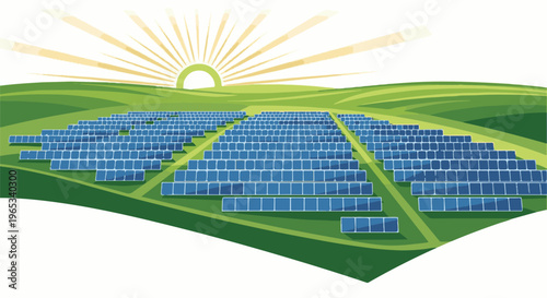 Sun rises over a vast green field covered with solar panels