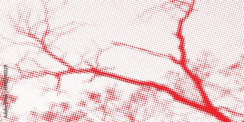 Red color halftone gradient texture. Vanishing cartoon polka dot background. Repeating dotted gradation pattern. Fading comic pop art overlay backdrop. Raster halftone effect wallpaper. Vector