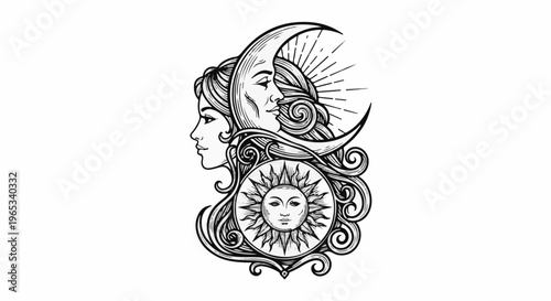 Stylized profile of a woman with sun and moon celestial bodies