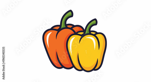 Two colorful bell peppers, one orange and one yellow, with green stems