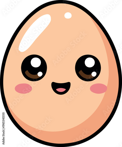 Cute cartoon happy egg character, smiling breakfast food mascot, cheerful yolk and shell illustration, playful healthy snack vector design