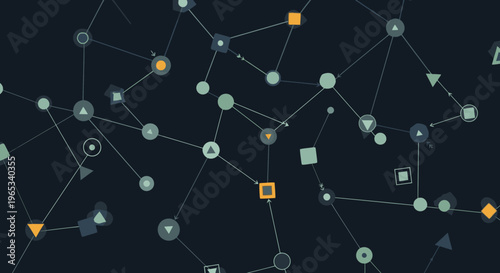 Geometric network connections with orange and green nodes on dark background