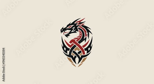 Stylized tribal dragon emblem with red, black, and gold accents