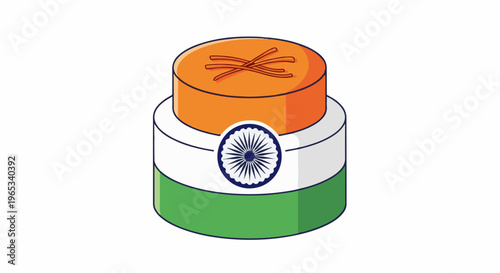 Stylized tricolor cylindrical object, top adorned with saffron threads