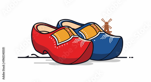 Traditional Dutch wooden shoes in red and blue with windmill detail