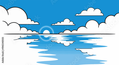 Stylized reflection of fluffy clouds and a bright sun on calm blue water